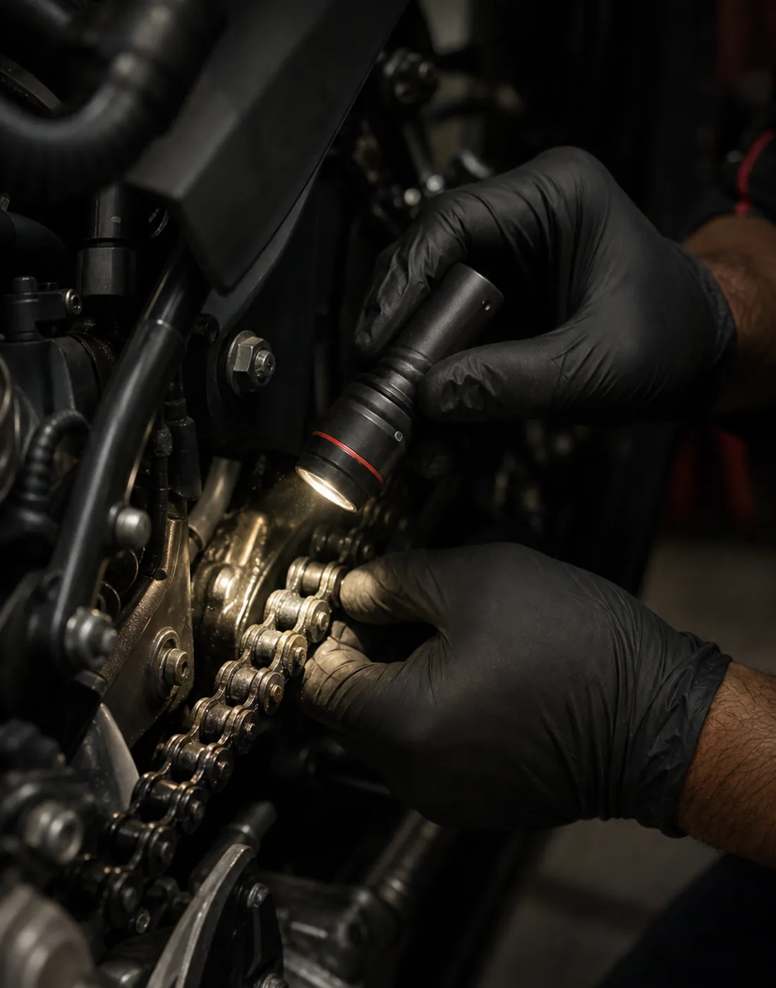 Inspecting a motorcycle chain with a flashlight